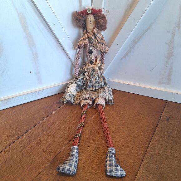 VTG Crazy Mountain Imports Folk Art Cloth Doll 21” Female Red Hat Plaid Shoes - Picture 1 of 16